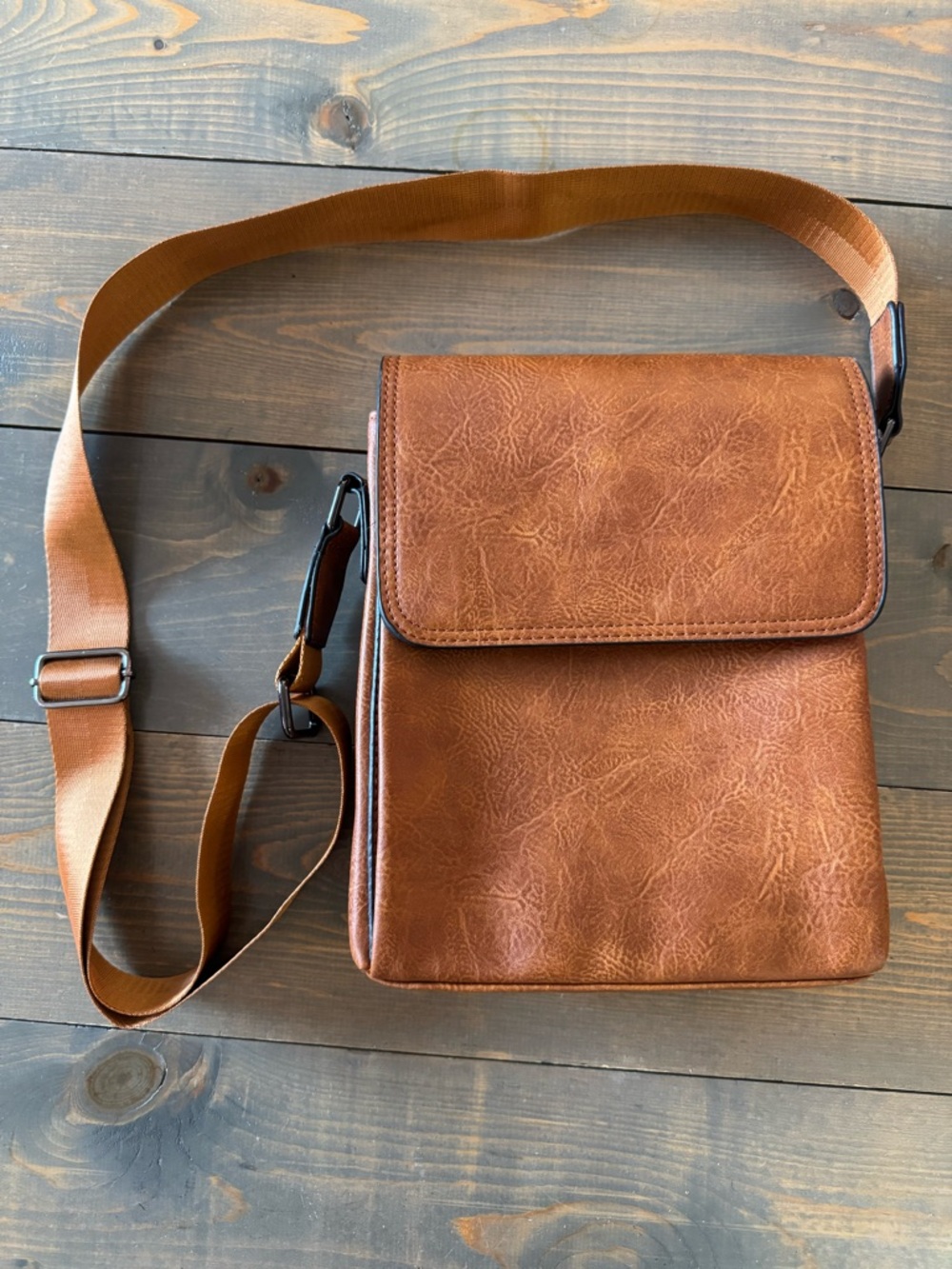 Brown Faux Leather Crossbody Messenger Bag Multi-Compartment Adj Strap Unisex